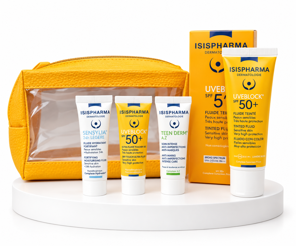 .Pack Isispharma 3 Miniatures + Trousse + Ecran Uveblock Dry Touch Teinte SPF50+ 40 ml