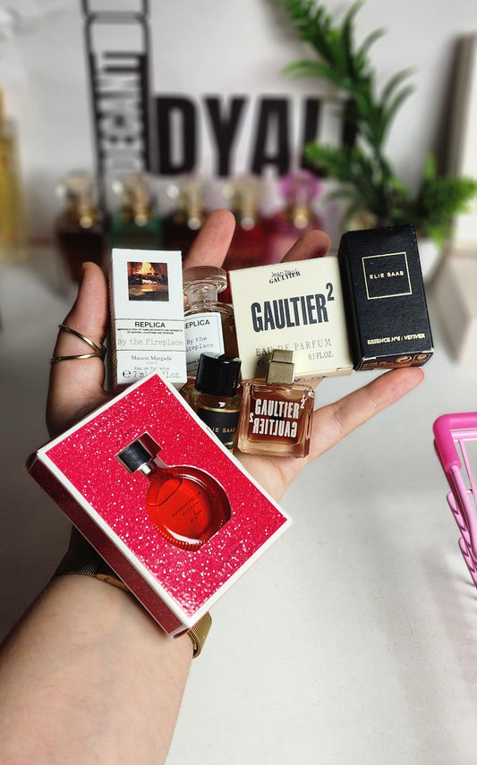 .Pack 4 miniatures Replica + Jean Paul Gaultier + Elie Saab + Rochas